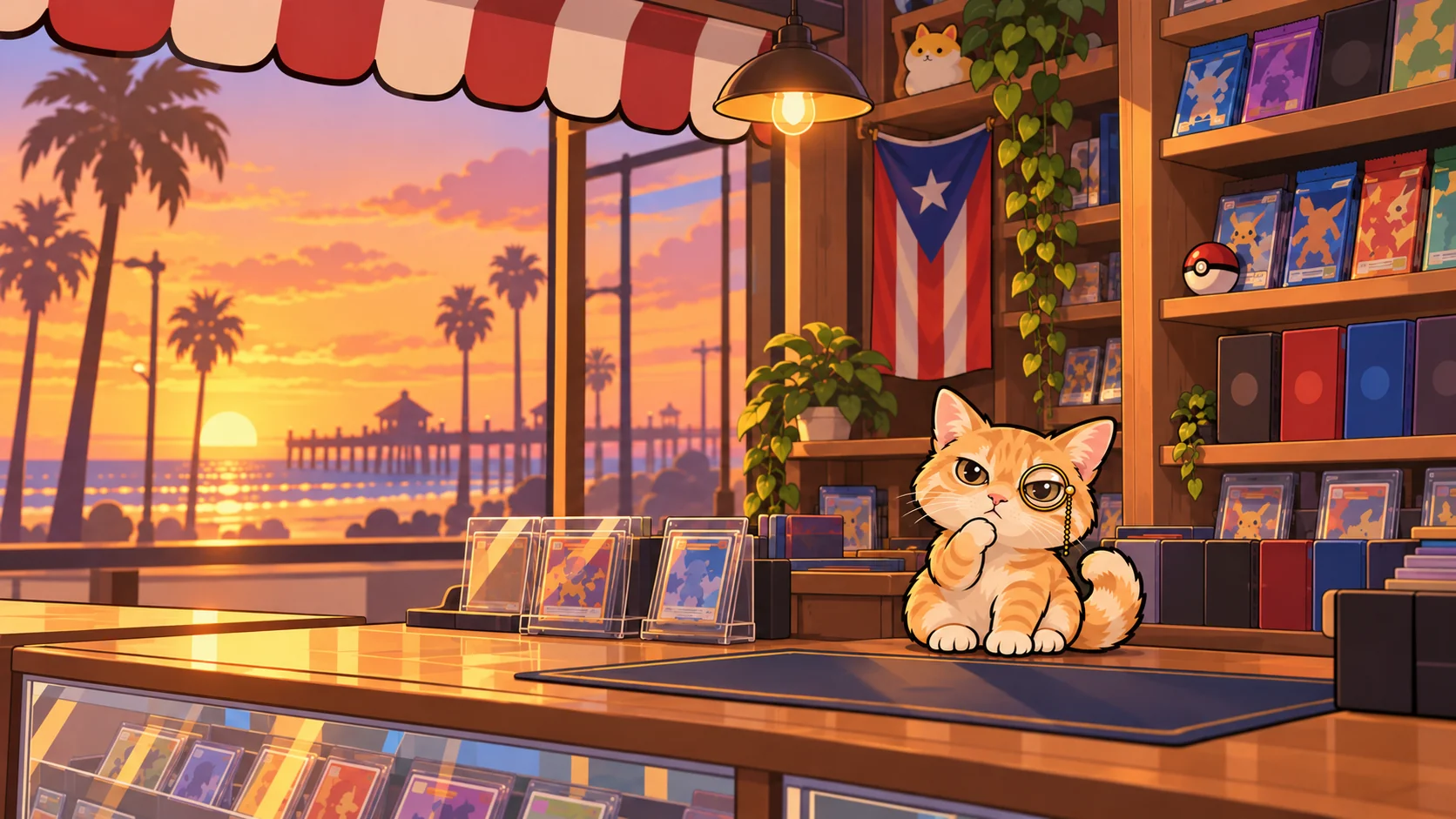 Squeaks, an orange tabby cat with a monocle, sitting on the counter of a card shop with a Huntington Beach sunset behind him
